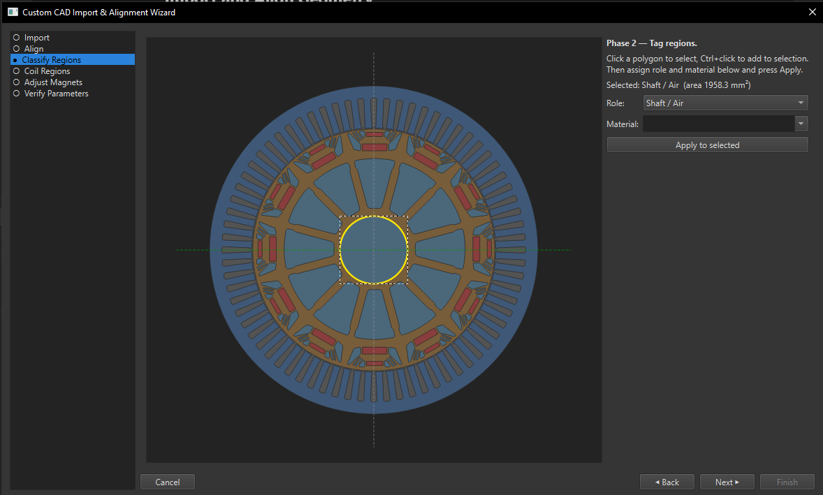 Assigning materials to each region of the imported motor geometry