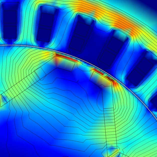 Flux density plot of the motor at light load showing a mostly unsaturated magnetic circuit