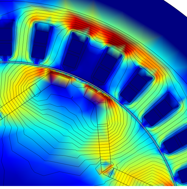 Flux density plot of the motor at high load showing parts of the magnetic circuit approaching saturation