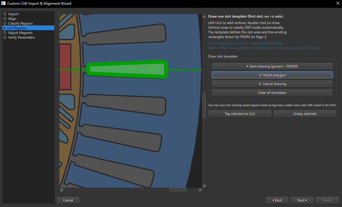 Drawing the coil region for a single slot of the motor