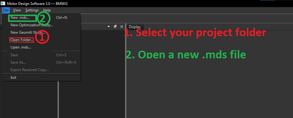 Creating a new project folder and .mds file in MotorDesignSoftware