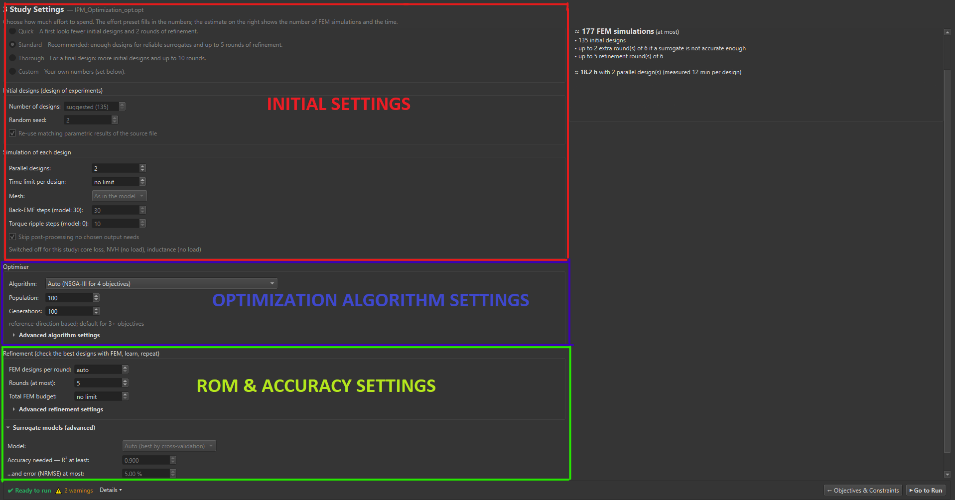 Optimizer settings for ROM type and accuracy criteria such as minimum R-squared and maximum NRMSE