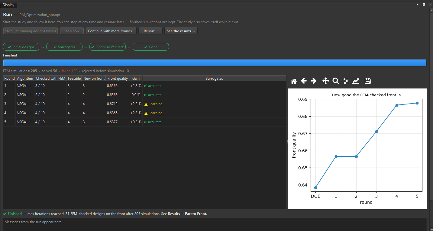 Running the optimization study with live ROM accuracy improvement and stop/continue controls