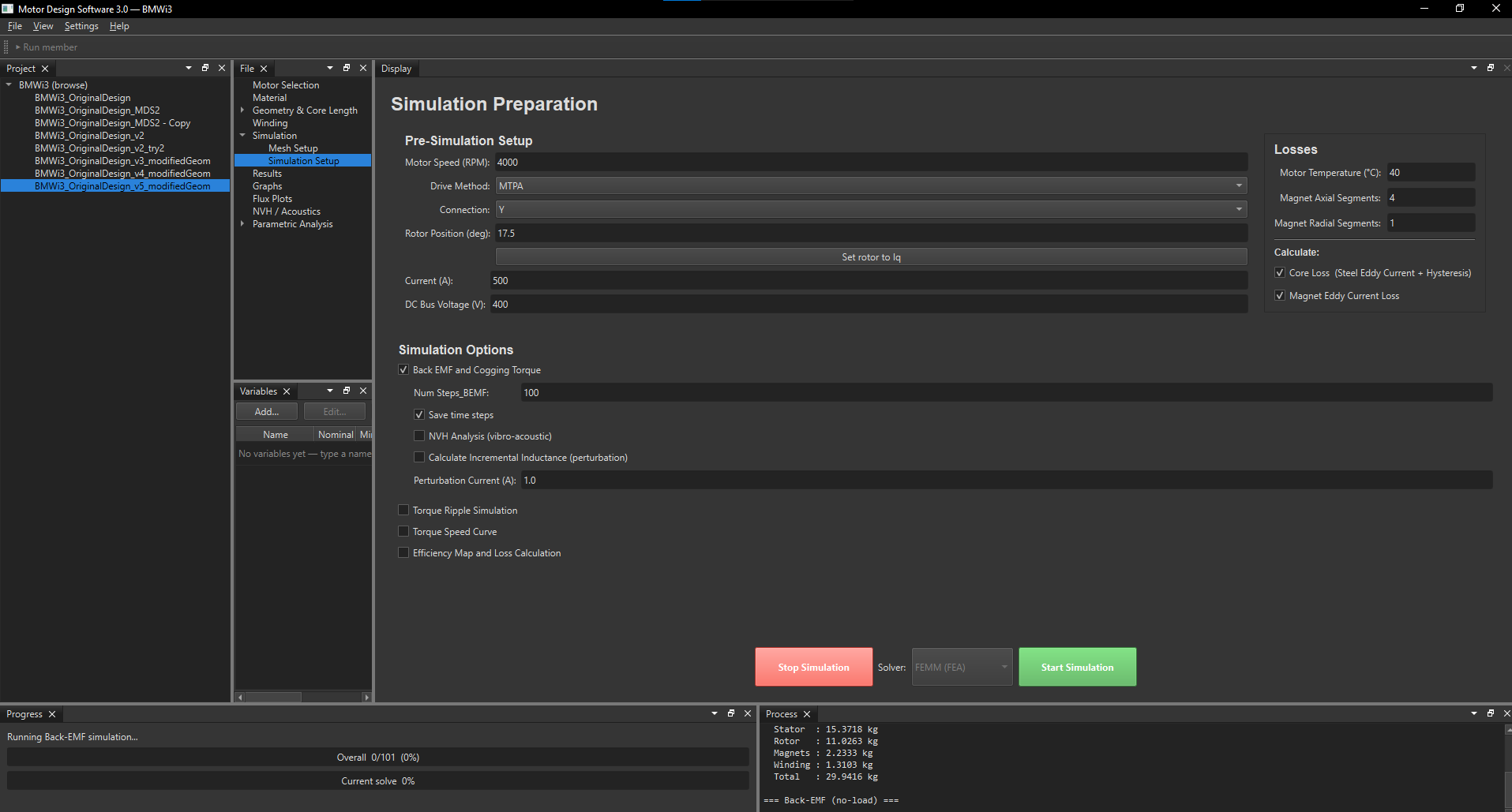 Simulation setup with the back-EMF simulation enabled