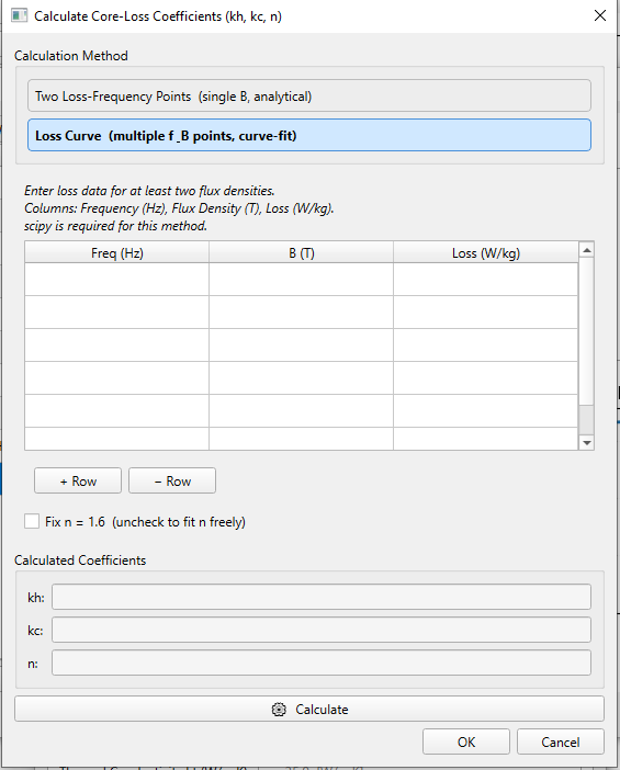 Entering the core loss curve data to calculate kh, kc and n coefficients